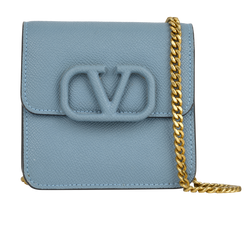 V Sling Chain Crossbody, Leather, Blue, MII, S, 3*